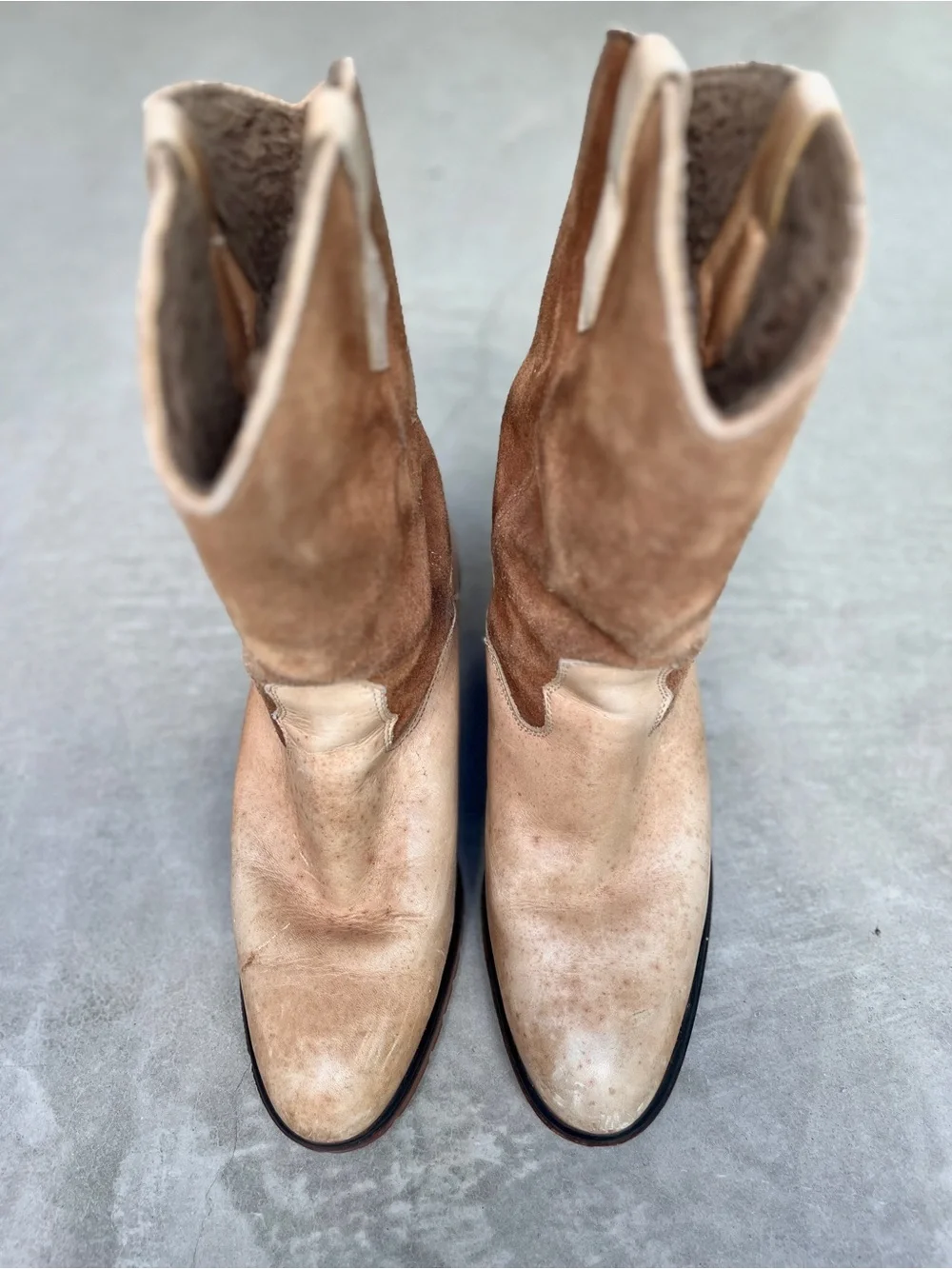 Vintage Two Tone Tan Leather Suede Lug Sole Western Boots